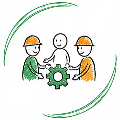 Handgezeichnete Illustration für Agile Coaching mit Menschen und einem gemeinsamen Zahnrad als Symbol für Zusammenarbeit, Umsetzung und kontinuierliche Entwicklung. Die Grafik steht für agile Transformation, Teamentwicklung, Führungskräfteentwicklung, Change Management und Organisationsentwicklung.