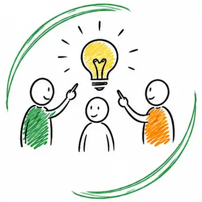 Handgezeichnete Illustration für New Work mit Menschen und einer gemeinsamen Idee als Symbol für Zusammenarbeit, Kreativität und Zukunftsgestaltung. Die Grafik steht für moderne Arbeitswelten, New Leadership, Unternehmenskultur, Innovation und Organisationsentwicklung.