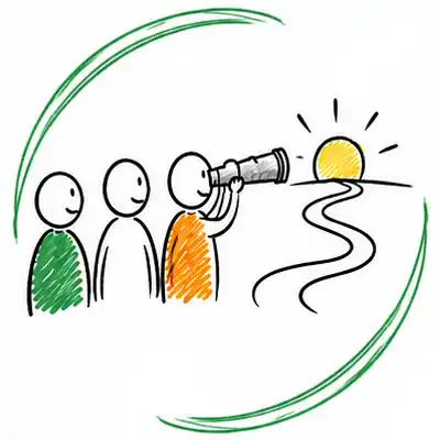 Handgezeichnete Illustration zur Transformationsbegleitung mit Menschen und einem Fernrohr als Symbol für Orientierung, gemeinsame Zukunft und nachhaltige Veränderung. Die Grafik steht für agile Transformation, Organisationsentwicklung, Change Management, Führung und langfristige Entwicklung.