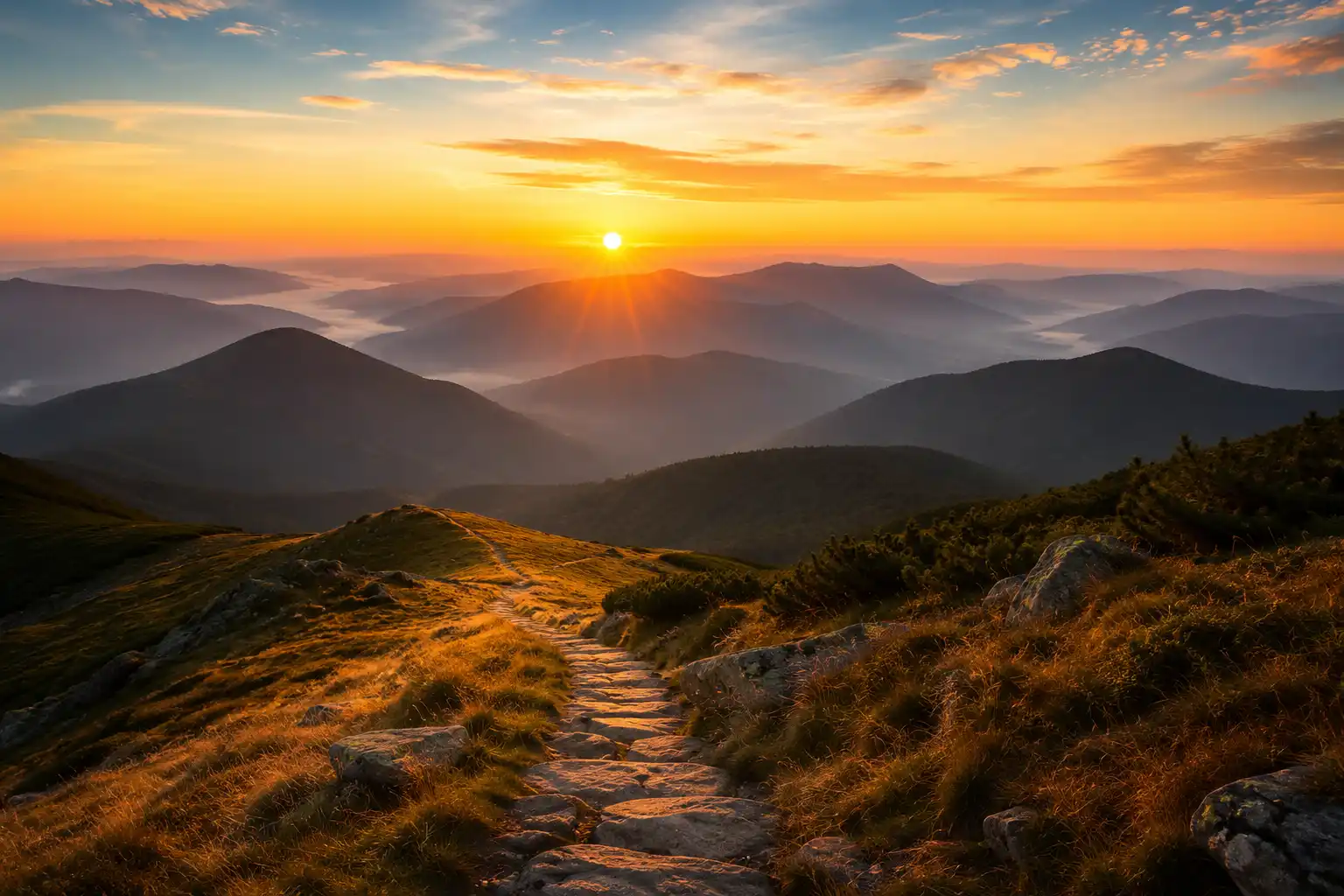 Berglandschaft im Sonnenaufgang mit Weg als Symbol für Orientierung, Transformation und nachhaltige Veränderung