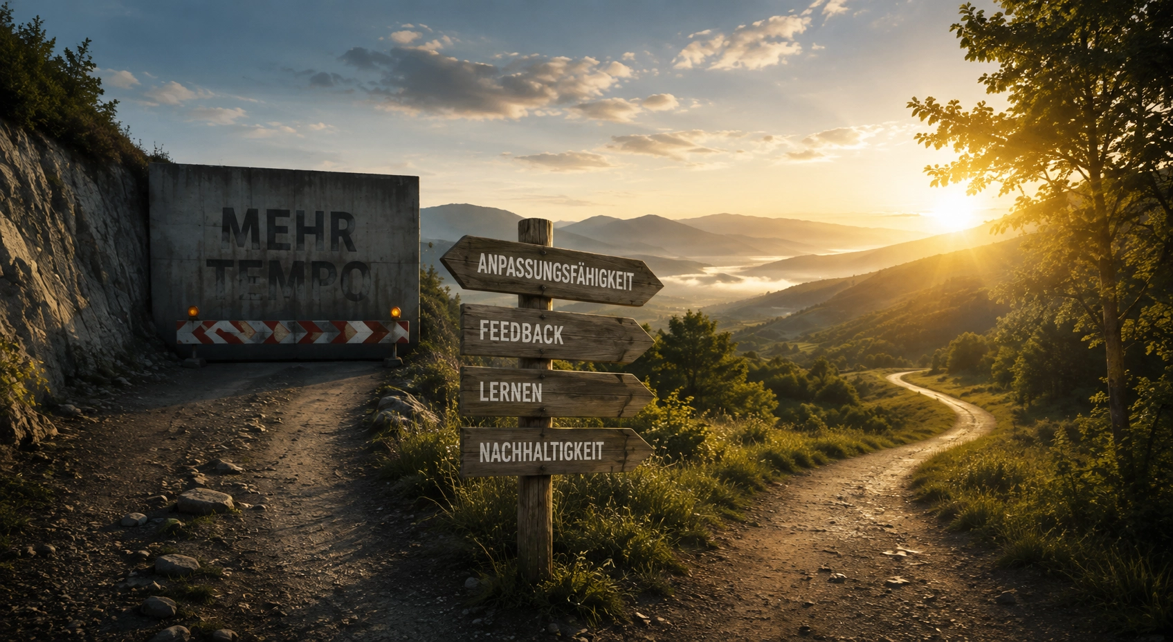 Wegweiser zu Anpassungsfähigkeit, Feedback, Lernen und Nachhaltigkeit neben einer Sackgasse mit der Aufschrift Mehr Tempo