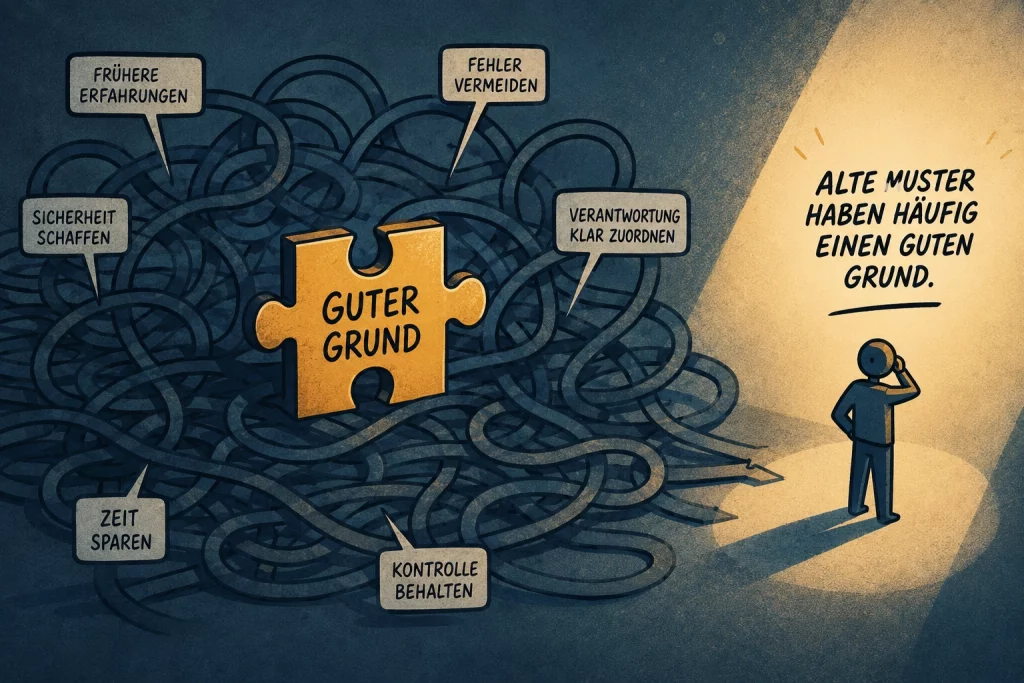 Comicillustration alter Verhaltensmuster mit Gründen wie Erfahrung, Sicherheit, Verantwortung, Fehlervermeidung, Zeitersparnis und Kontrolle.