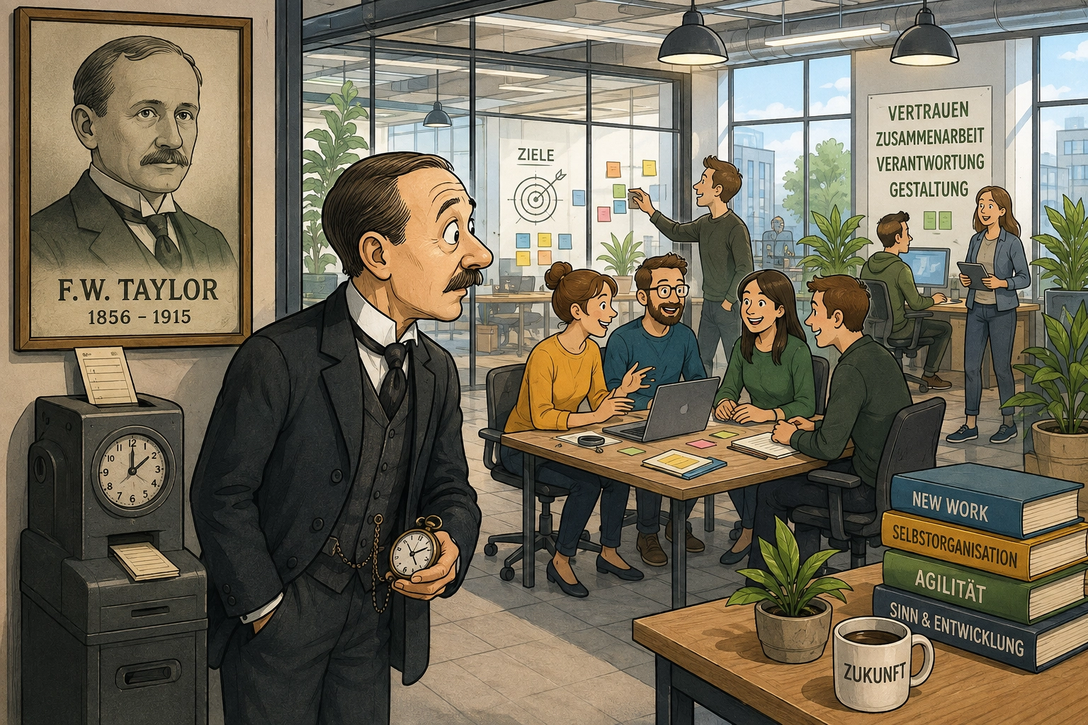 Frederick Winslow Taylor betrachtet eine moderne Arbeitswelt mit selbstorganisierten Teams, Zusammenarbeit und New Work.