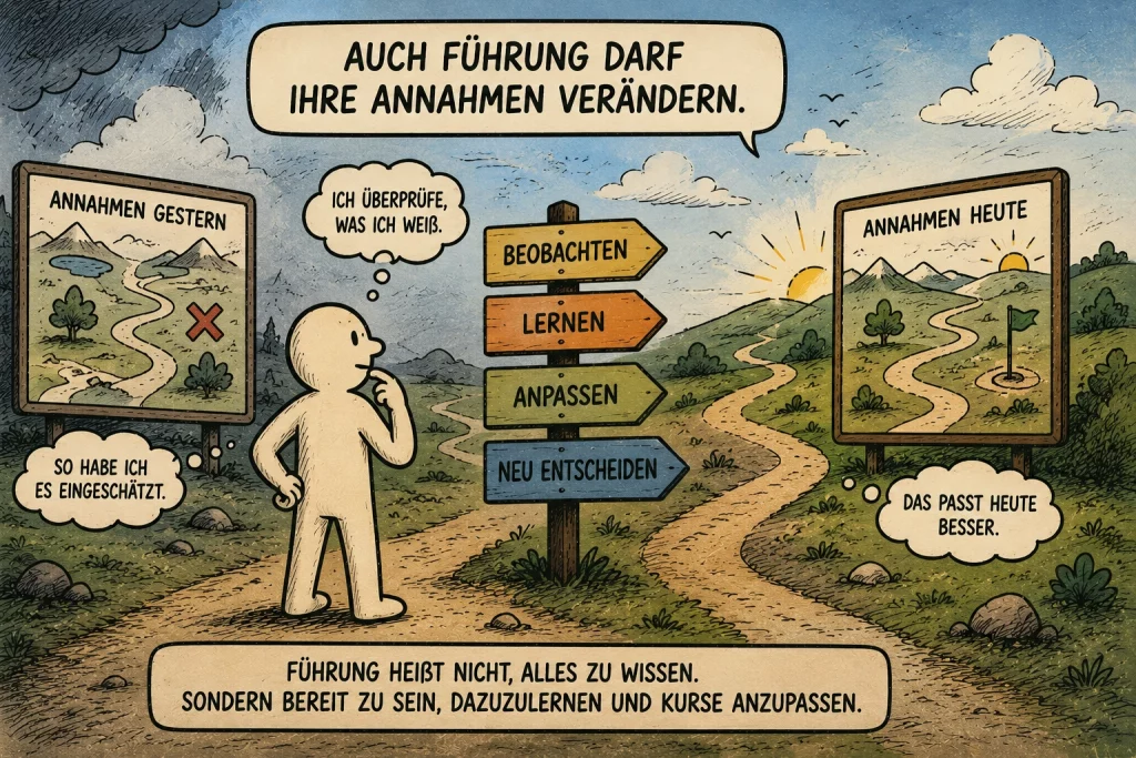 Comicillustration einer Führungskraft, die durch Beobachten, Lernen und Anpassen bisherige Annahmen überprüft und Entscheidungen neu bewertet.