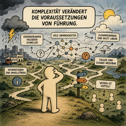 Comicillustration einer Führungskraft vor einem komplexen Geflecht aus Wegen, Abhängigkeiten und verteiltem Wissen.