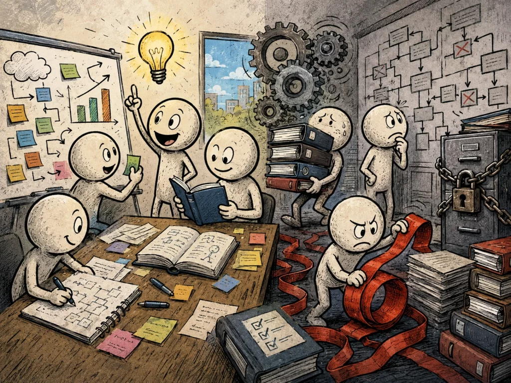 Comicillustration einer Organisation zwischen Lernen, neuen Ideen, Routinen und starren Strukturen