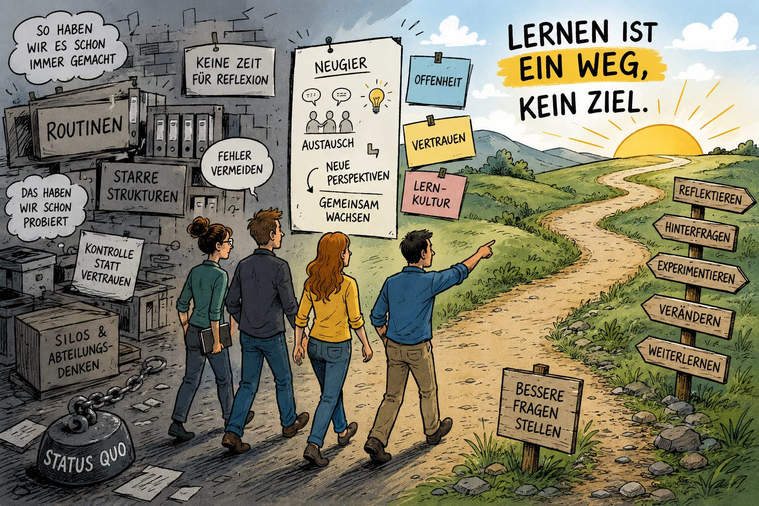 Comicillustration einer Organisation auf dem Weg von starren Routinen zu Reflexion, Lernen und Veränderung