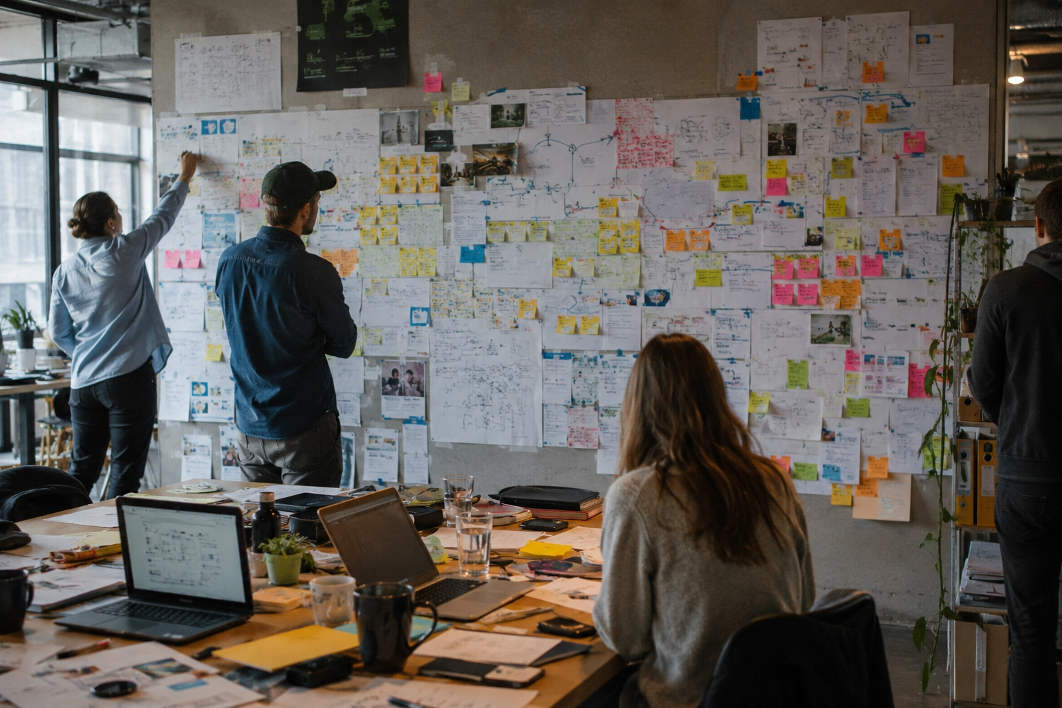 Team vor einer dicht gefüllten Ideenwand als Symbol für Lernen, Reflexion und Veränderung in Organisationen