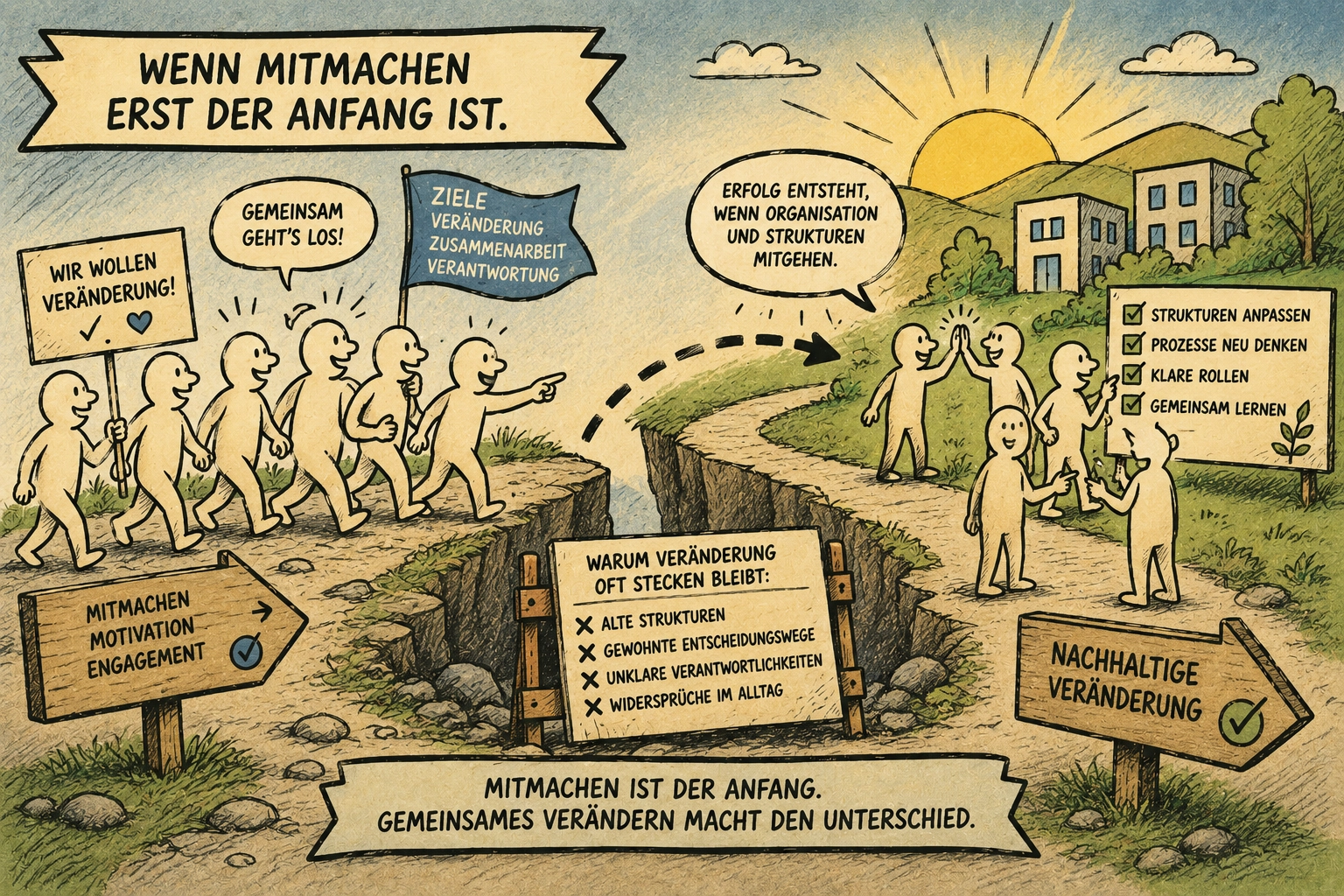 Comicillustration engagierter Menschen auf dem Weg zu nachhaltiger Veränderung, der durch alte Strukturen und gewohnte Entscheidungswege unterbrochen wird.