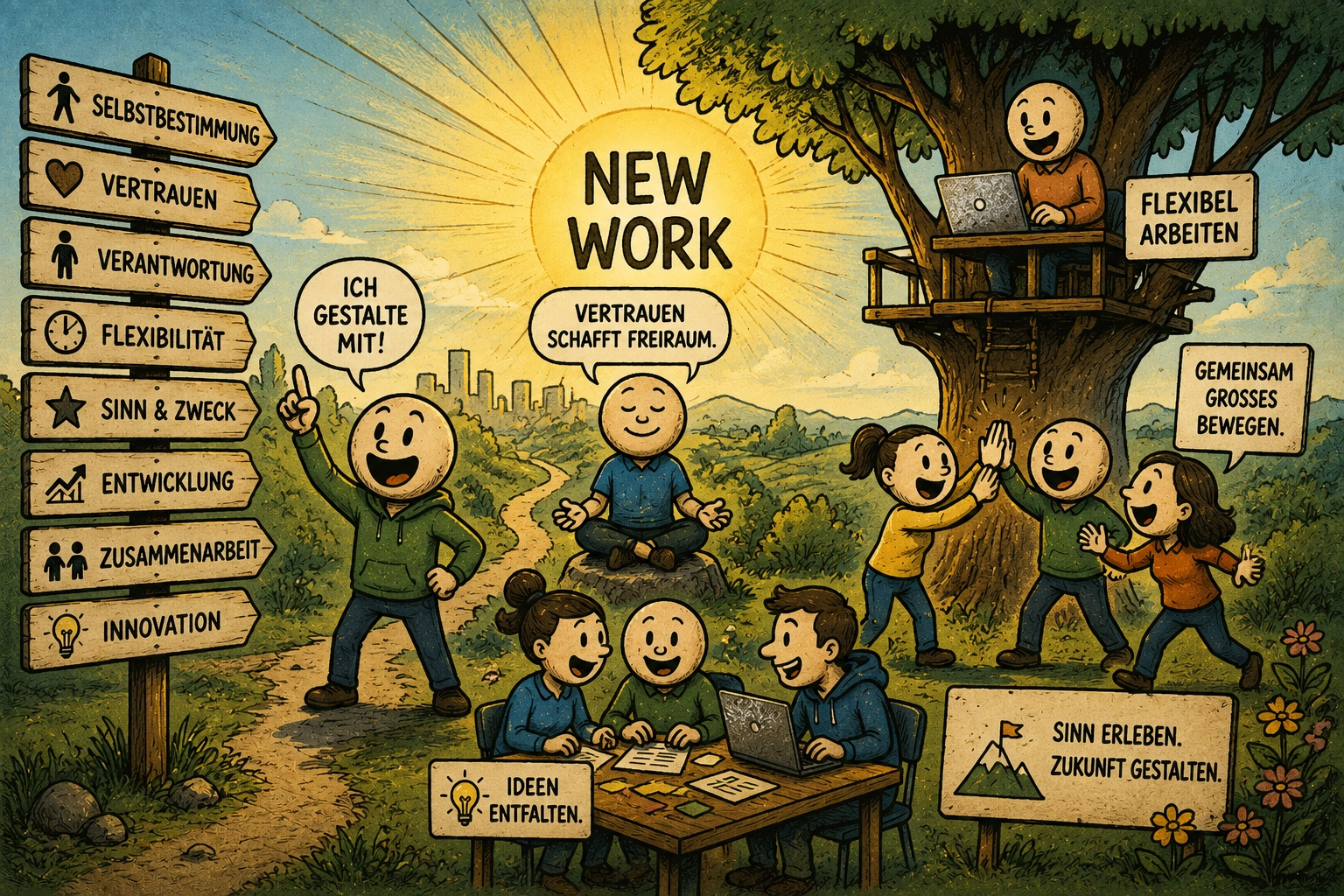 Comicillustration zu New Work mit Selbstbestimmung, Vertrauen, Verantwortung, Flexibilität, Zusammenarbeit, Innovation und gemeinsamer Gestaltung.