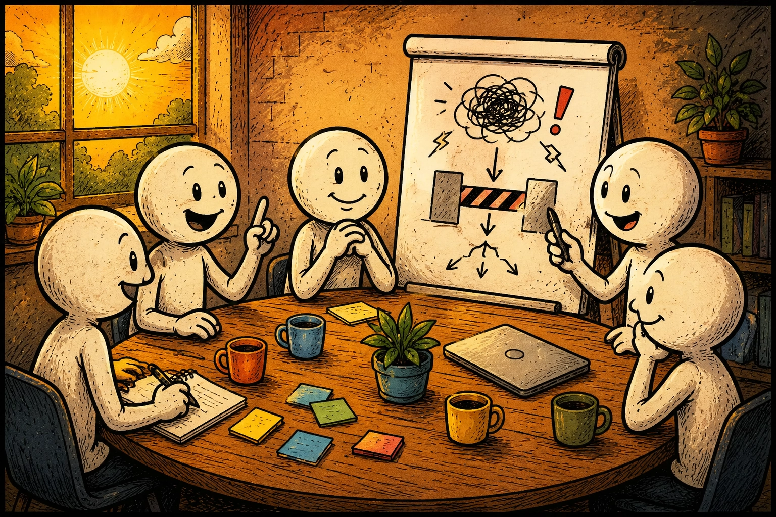 Comicillustration eines zufriedenen Teams, das gemeinsam vor einem Flipchart mit einem Problem steht und offen darüber spricht