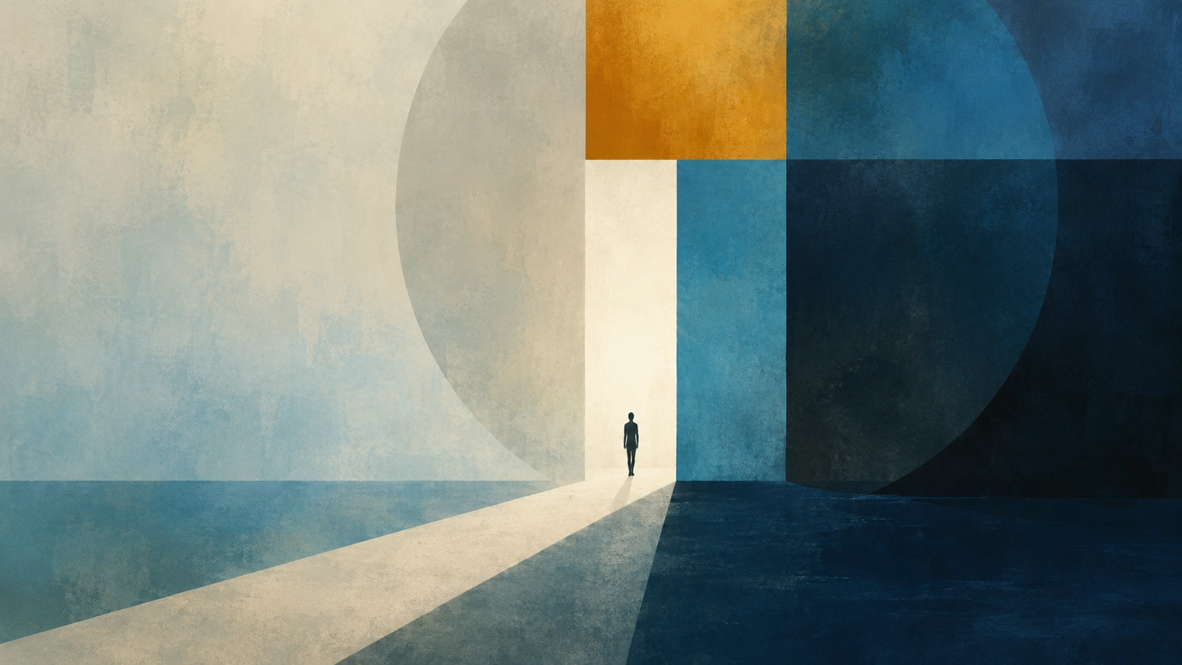 Abstrakte Illustration einer Person zwischen hellen und dunklen geometrischen Flächen als Symbol für psychologische Sicherheit und den Mut, sich zu äußern