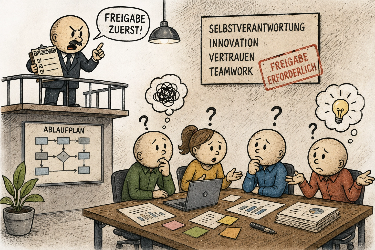 Team diskutiert über Selbstverantwortung und Innovation, während eine Führungskraft weiterhin Freigaben für Entscheidungen verlangt.