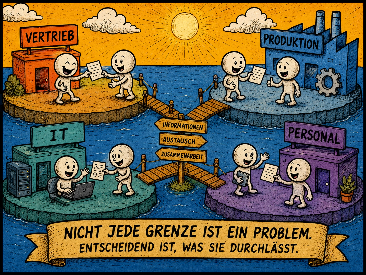 Vertrieb, Produktion, IT und Personal sind über Informationsaustausch und Zusammenarbeit miteinander verbunden.