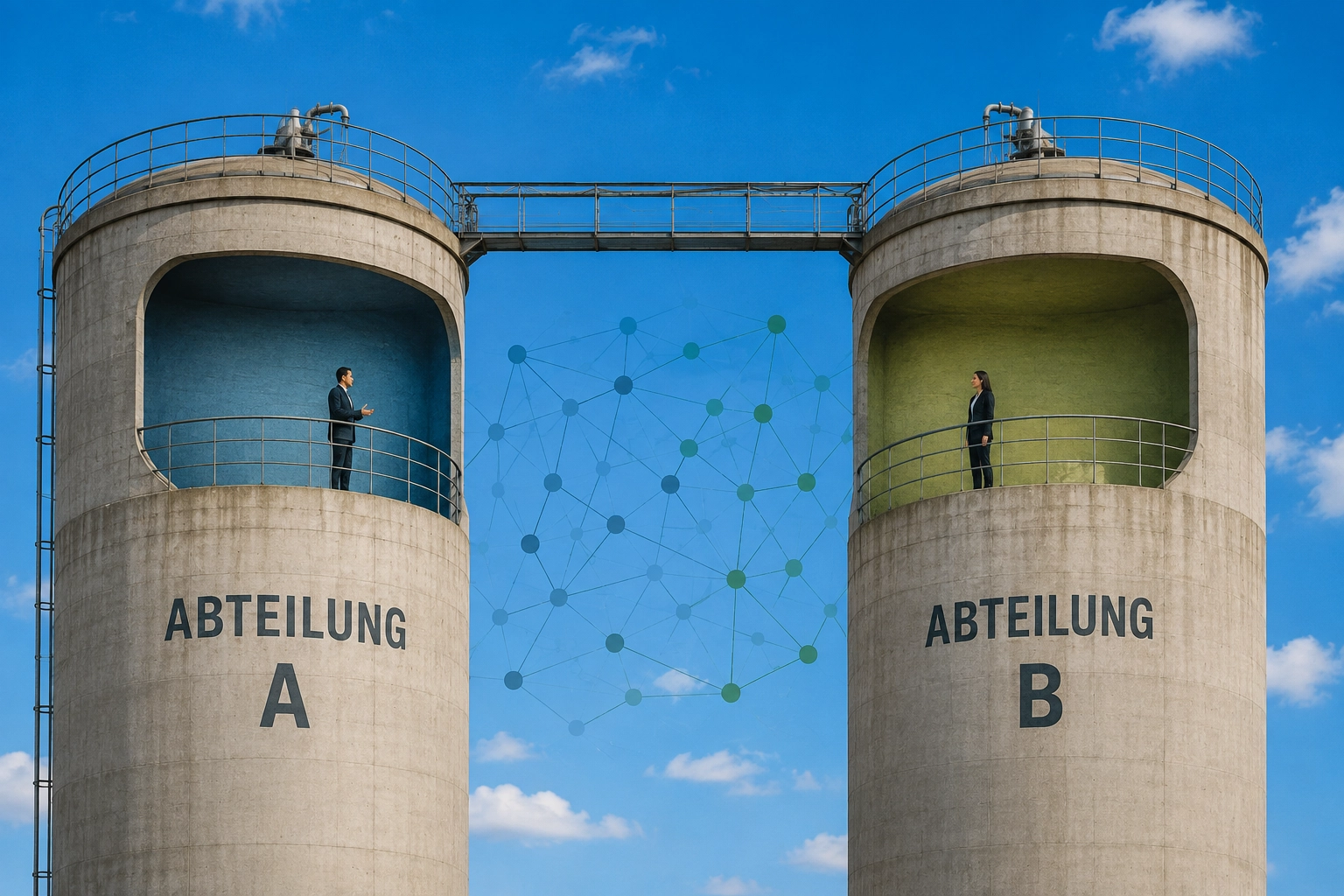 Zwei getrennte Abteilungen in Silos als Symbol für Silodenken und fehlende Zusammenarbeit in Organisationen.