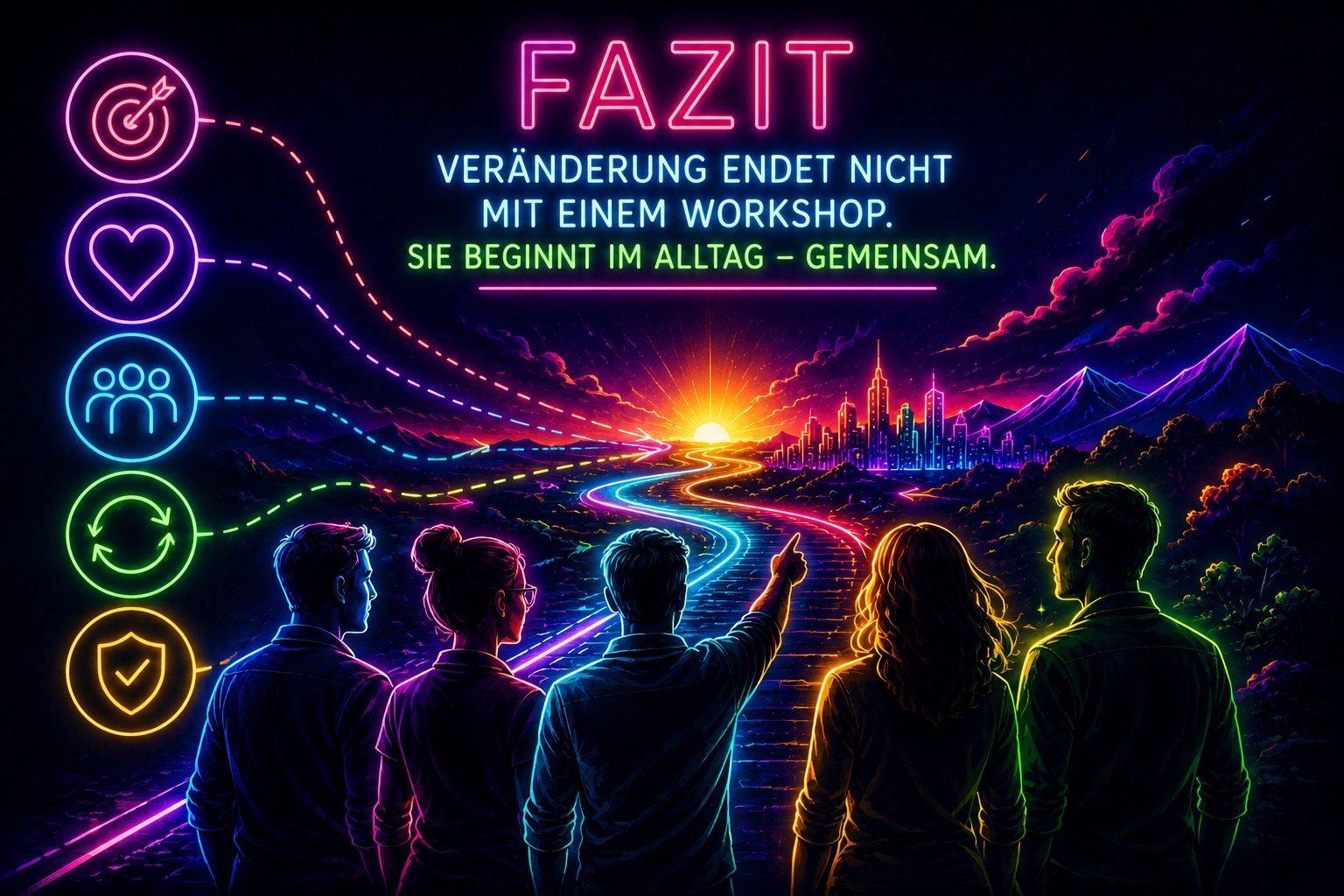 Fünf Menschen auf einem leuchtenden Weg mit fünf Symbolen für gemeinsame Ausrichtung, Sinn, Rollen, Lernen und Sicherheit