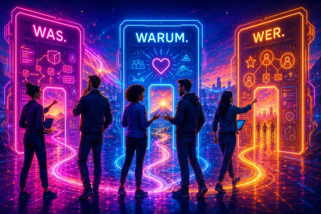 Fünf Menschen vor drei leuchtenden Neon-Portalen mit den Fragen Was, Warum und Wer als Symbol für gemeinsame Ausrichtung, Sinn und Verantwortung